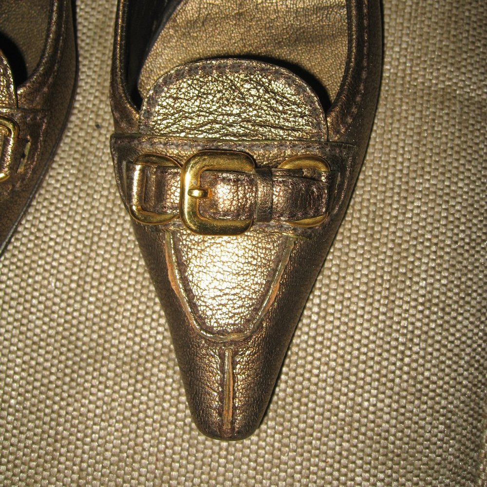 ❤️PRADA BRONZE METALLIC LOW HEEL BALLET BUCKLE VAMP SHOES 37 7 - Picture 4 of 8